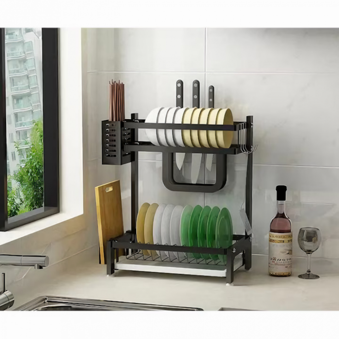 Scurgator de vase pe 2 nivele VarioShop®, cu 4 umerase, suport pentru cutite/tocator/tacamuri, tava scurgere, 40x35x22 cm, negru [5]