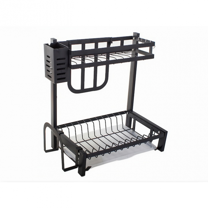Scurgator de vase pe 2 nivele VarioShop®, cu 4 umerase, suport pentru cutite/tocator/tacamuri, tava scurgere, 40x35x22 cm, negru [17]