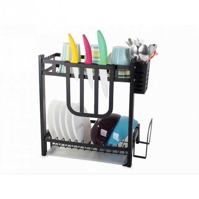 Scurgator de vase pe 2 nivele VarioShop®, cu 4 umerase, suport pentru cutite/tocator/tacamuri, tava scurgere, 40x35x22 cm, negru [14]