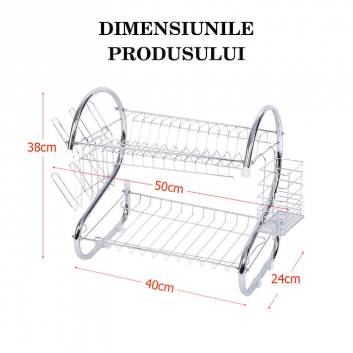 Scurgator de vase supraetajat VarioShop®, cu suport pentru pahare, tacamuri, vase, cu tava pentru scurgere, din otel inoxidabil, dimensiune 38x40x24 cm, argintiu [2]