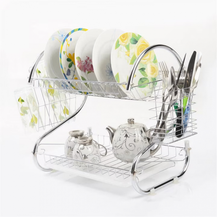 Scurgator de vase supraetajat VarioShop®, cu suport pentru pahare, tacamuri, vase, cu tava pentru scurgere, din otel inoxidabil, dimensiune 38x40x24 cm, argintiu [13]