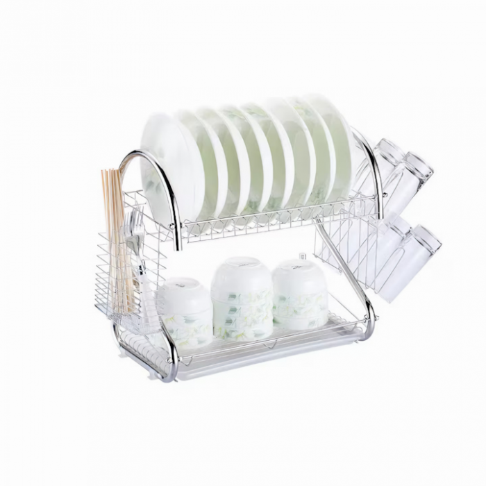 Scurgator de vase supraetajat VarioShop®, cu suport pentru pahare, tacamuri, vase, cu tava pentru scurgere, din otel inoxidabil, dimensiune 38x40x24 cm, argintiu [16]