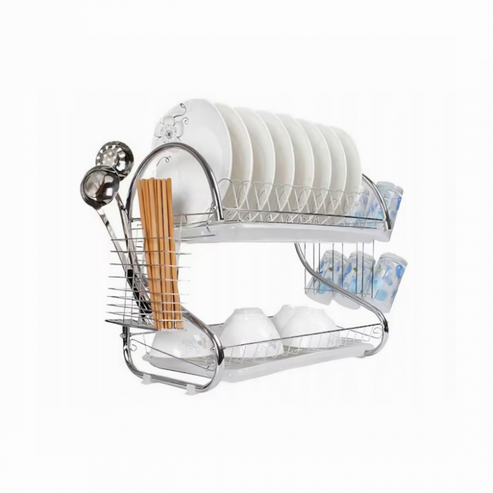 Scurgator de vase supraetajat VarioShop®, cu suport pentru pahare, tacamuri, vase, cu tava pentru scurgere, din otel inoxidabil, dimensiune 38x40x24 cm, argintiu [12]