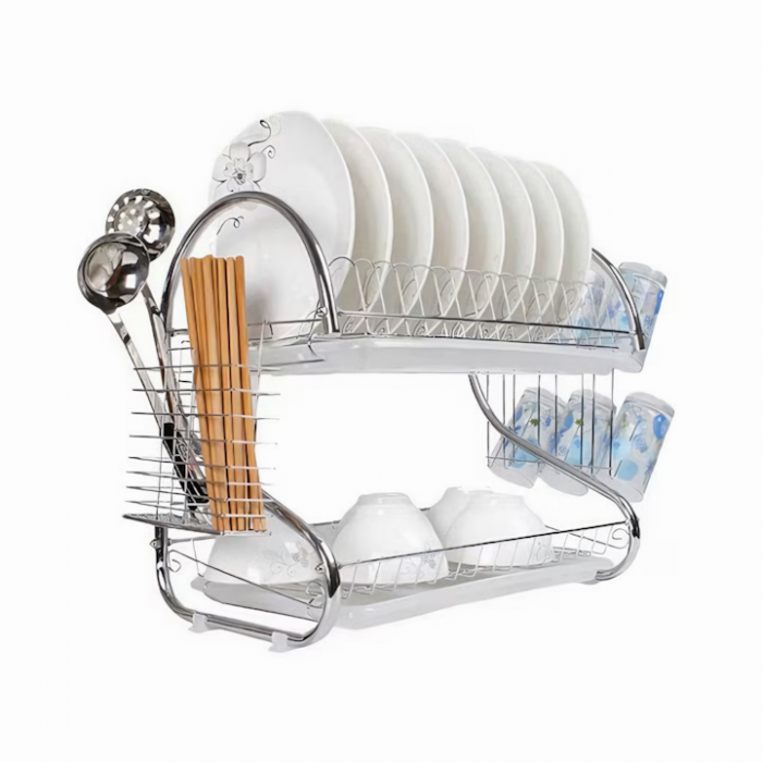 Scurgator de vase supraetajat VarioShop®, cu suport pentru pahare, tacamuri, vase, cu tava pentru scurgere, din otel inoxidabil, dimensiune 38x40x24 cm, argintiu [10]