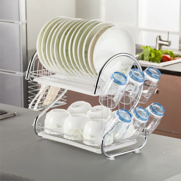 Scurgator de vase supraetajat VarioShop®, cu suport pentru pahare, tacamuri, vase, cu tava pentru scurgere, din otel inoxidabil, dimensiune 38x40x24 cm, argintiu [7]