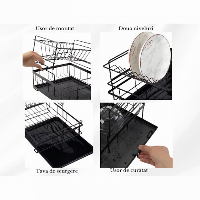 Scurgator de vase supraetajat VarioShop®, cu suport pentru vase, pahare, tacamuri, tava scurgere, dimensiuni 44x32x24 cm, negru [4]