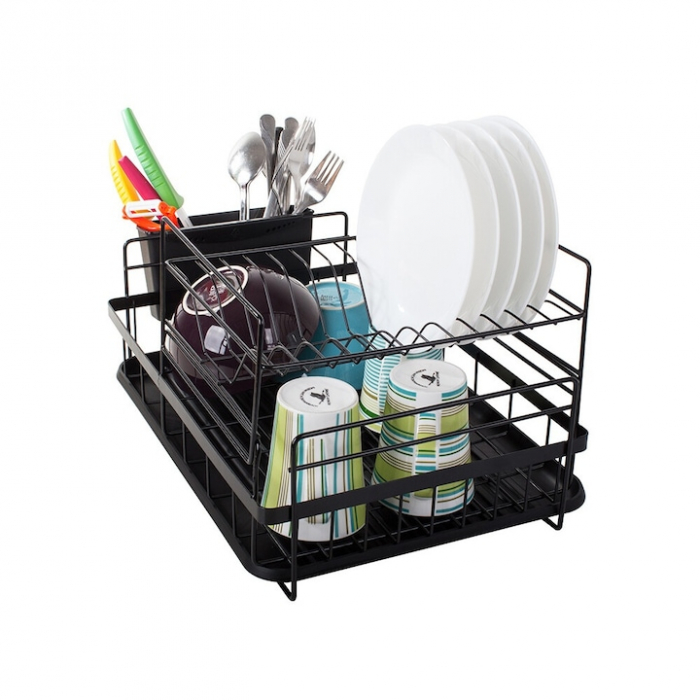 Scurgator de vase supraetajat VarioShop®, cu suport pentru vase, pahare, tacamuri, tava scurgere, dimensiuni 44x32x24 cm, negru [8]