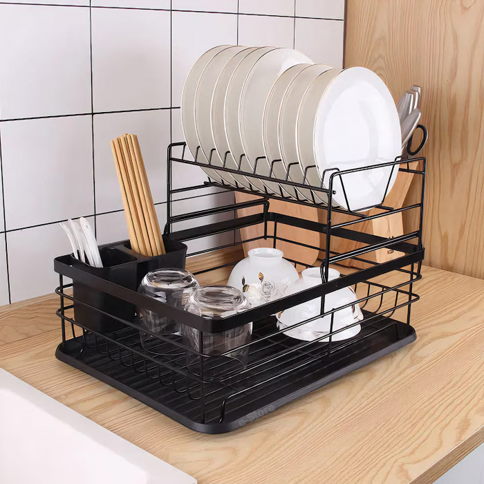 Scurgator de Vase VarioShop® doua niveluri, cu suport tacamuri si pahare, tub de scurgere, tava inclusa, metalic, Negru, 43 x 29 x 27 cm [2]