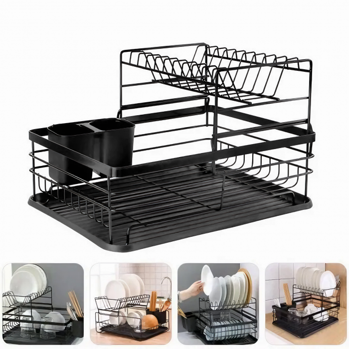 Scurgator de Vase VarioShop® doua niveluri, cu suport tacamuri si pahare, tub de scurgere, tava inclusa, metalic, Negru, 43 x 29 x 27 cm [4]