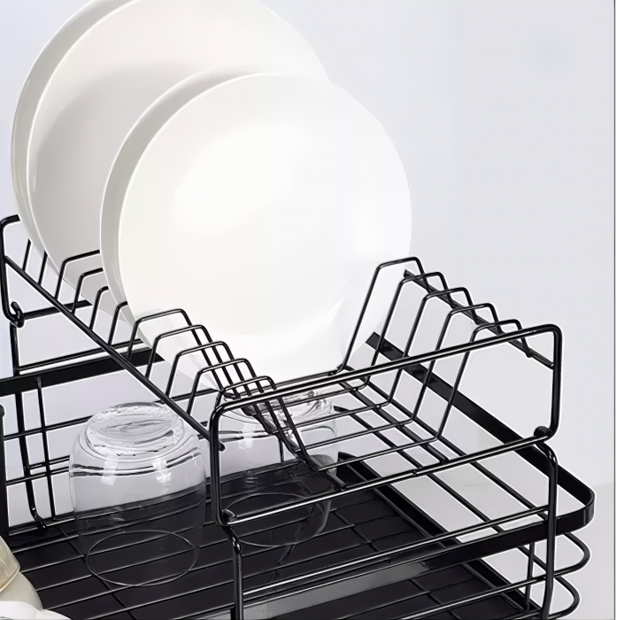 Scurgator de Vase VarioShop® doua niveluri, cu suport tacamuri si pahare, tub de scurgere, tava inclusa, metalic, Negru, 43 x 29 x 27 cm [3]