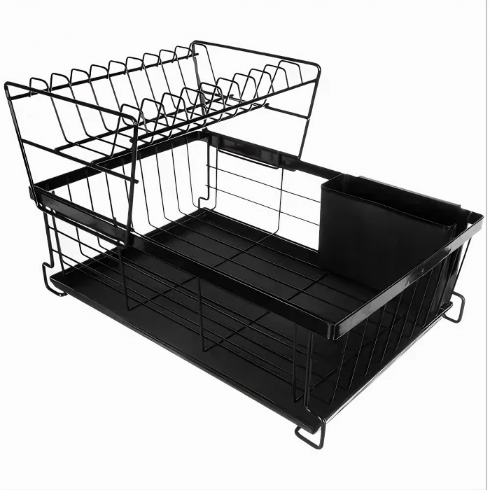 Scurgator de Vase VarioShop® doua niveluri, cu suport tacamuri si pahare, tub de scurgere, tava inclusa, metalic, Negru, 43 x 29 x 27 cm [6]