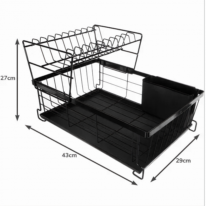 Scurgator de Vase VarioShop® doua niveluri, cu suport tacamuri si pahare, tub de scurgere, tava inclusa, metalic, Negru, 43 x 29 x 27 cm [10]
