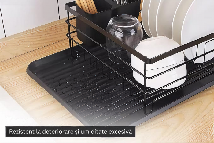 Scurgator de Vase VarioShop® doua niveluri, cu suport tacamuri si pahare, tub de scurgere, tava inclusa, metalic, Negru, 43 x 29 x 27 cm [14]