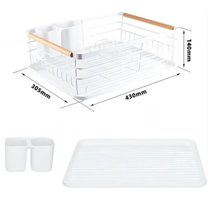 Scurgator de Vase VarioShop®, Suport Tacamuri, Metal Cromat, Manere Lemn, Alb, 43 x 30, 5 x 14 cm [4]