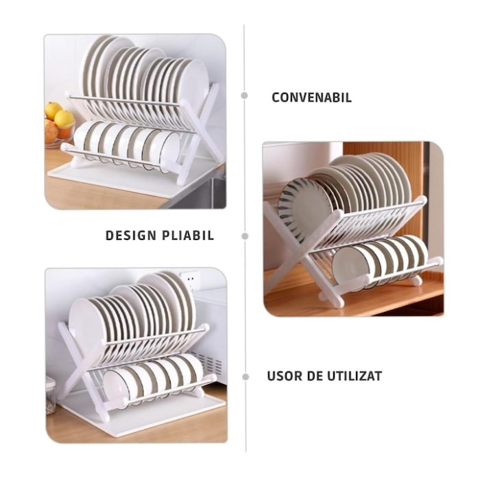 Scurgator pentru vase cu doua etaje VarioShop®, pliabil, cu tava colectoare, constructie stabila din plastic rezistent, 39.5 x 36.5 cm, Alb [2]