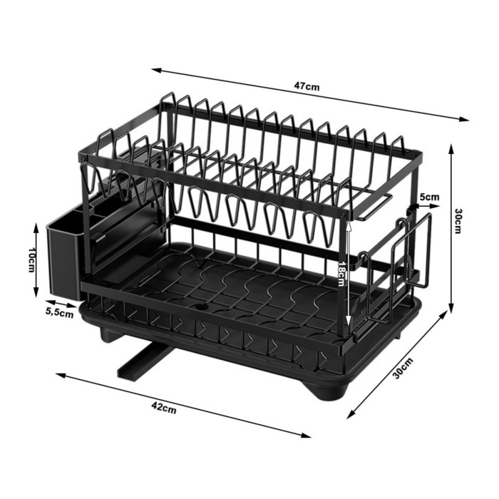 Scurgator vase VarioShop®, 2 niveluri, cu tava si tub de scurgere, suport 6 pahare, tacamuri si tocatoare, 47x30x30 cm, negru [4]