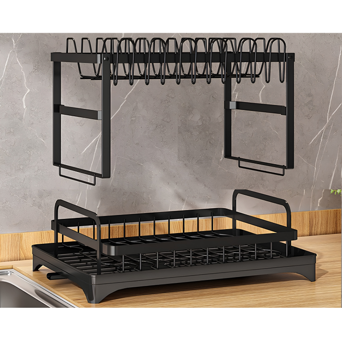 Scurgator vase VarioShop®, 2 niveluri, cu tava si tub de scurgere, suport 6 pahare, tacamuri si tocatoare, 47x30x30 cm, negru [8]