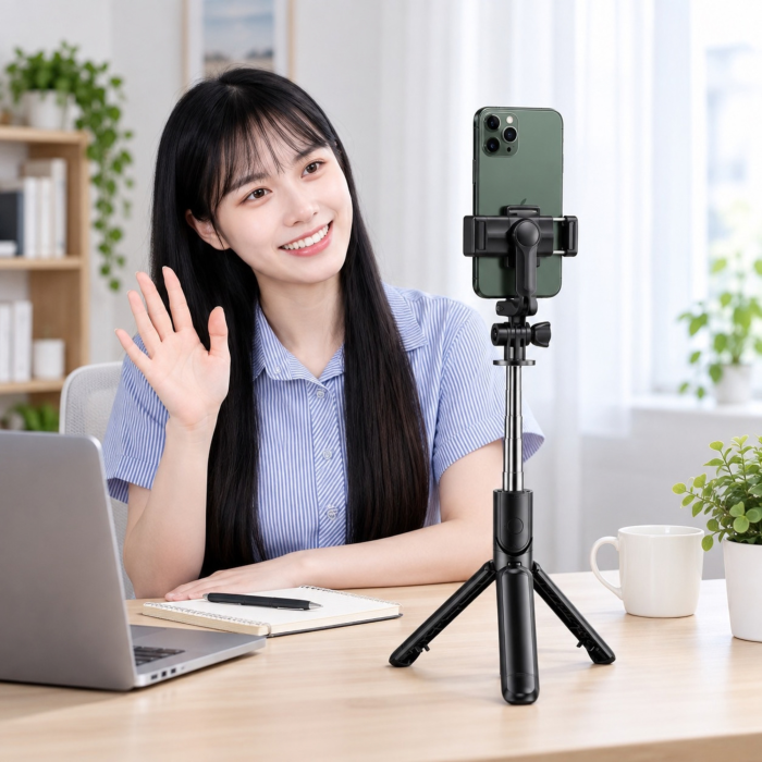 Selfie stick cu trepied VarioShop®, pentru fotografii si filmari, telecomanda Bluetooth, rotire 360°, extensibil pana la 92 cm, negru [8]