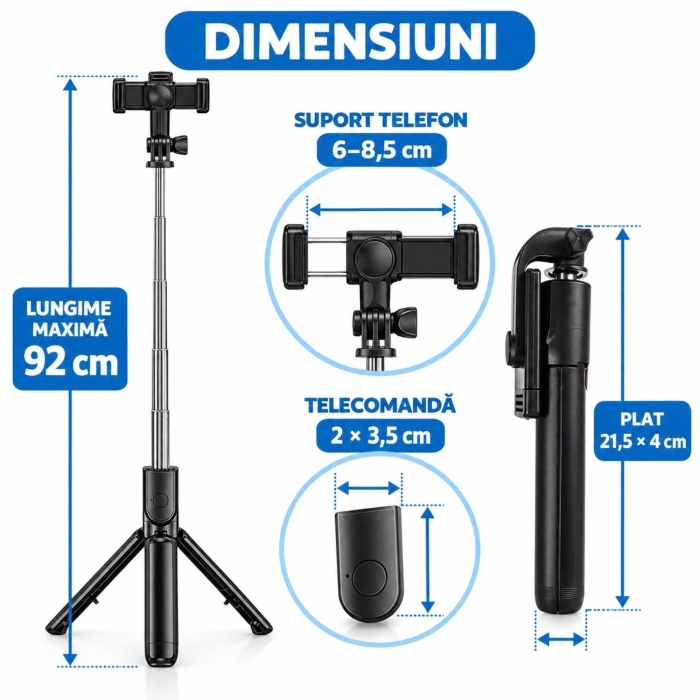 Selfie stick cu trepied VarioShop®, pentru fotografii si filmari, telecomanda Bluetooth, rotire 360°, extensibil pana la 92 cm, negru [5]