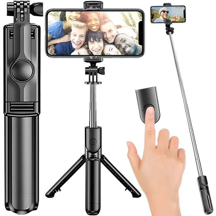 Selfie stick cu trepied VarioShop®, pentru fotografii si filmari, telecomanda Bluetooth, rotire 360°, extensibil pana la 92 cm, negru [2]