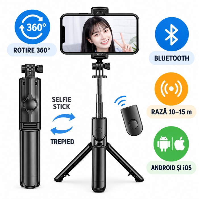 Selfie stick cu trepied VarioShop®, pentru fotografii si filmari, telecomanda Bluetooth, rotire 360°, extensibil pana la 92 cm, negru [7]