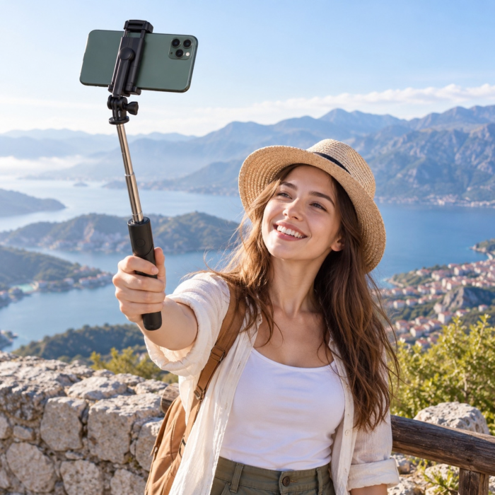 Selfie stick cu trepied VarioShop®, pentru fotografii si filmari, telecomanda Bluetooth, rotire 360°, extensibil pana la 92 cm, negru [4]