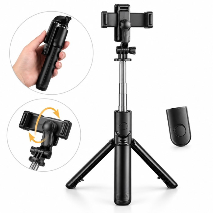 Selfie stick cu trepied VarioShop®, pentru fotografii si filmari, telecomanda Bluetooth, rotire 360°, extensibil pana la 92 cm, negru [3]
