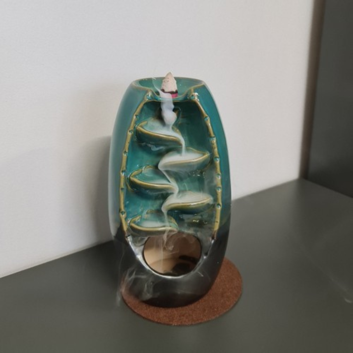 Semineu ceramic aromaterapie VarioShop®, efect cascada fum reflux, 55 betisoare parfumate, decor relaxare, verde grafit, 10x20x12 cm [6]