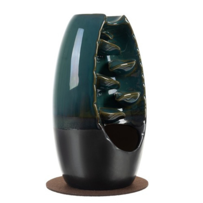 Semineu ceramic aromaterapie VarioShop®, efect cascada fum reflux, 55 betisoare parfumate, decor relaxare, verde grafit, 10x20x12 cm [4]