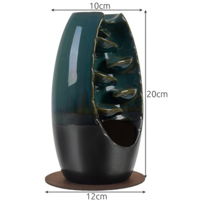 Semineu ceramic aromaterapie VarioShop®, efect cascada fum reflux, 55 betisoare parfumate, decor relaxare, verde grafit, 10x20x12 cm [2]
