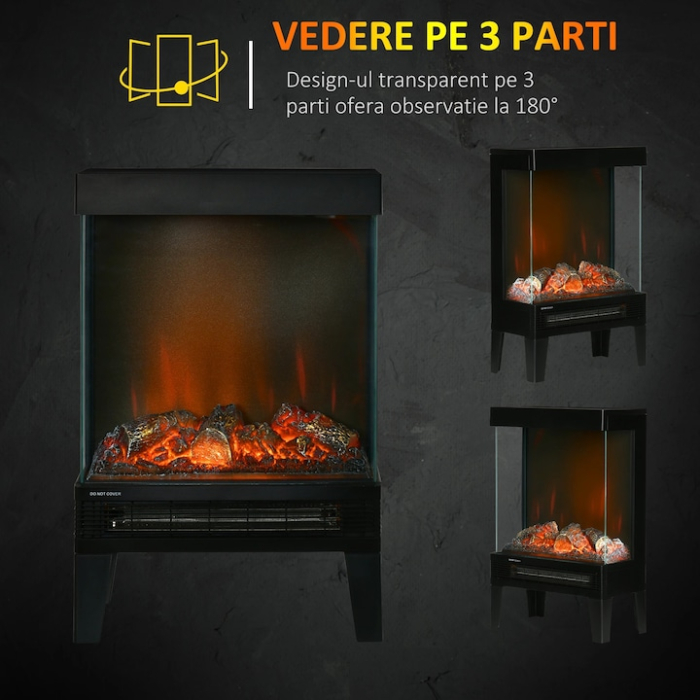 Semineu electric VarioShop®, 3D, 2000W, cu efect de foc realist, telecomanda, panou LED, protectie la supraincalzire, temporizator 12h, negru [3]
