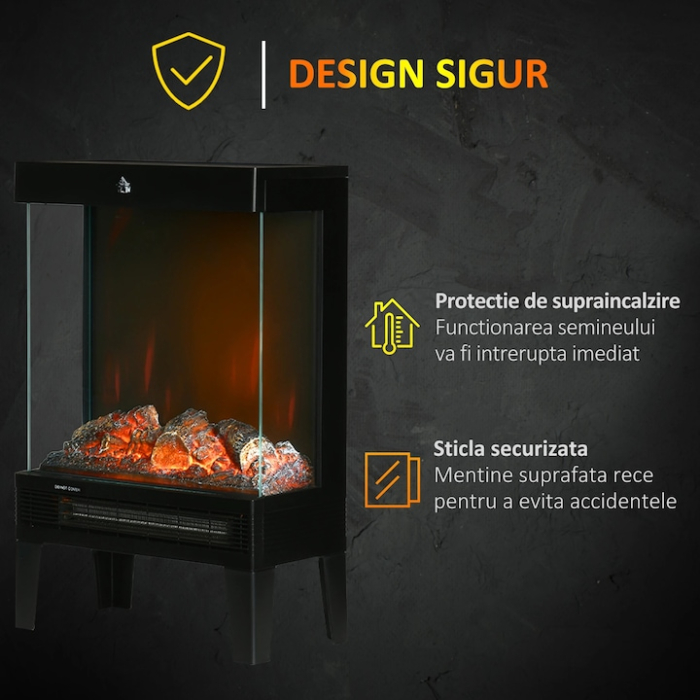 Semineu electric VarioShop®, 3D, 2000W, cu efect de foc realist, telecomanda, panou LED, protectie la supraincalzire, temporizator 12h, negru [4]