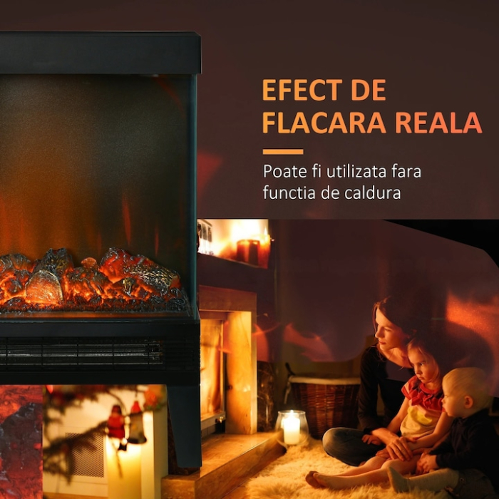 Semineu electric VarioShop®, 3D, 2000W, cu efect de foc realist, telecomanda, panou LED, protectie la supraincalzire, temporizator 12h, negru [2]