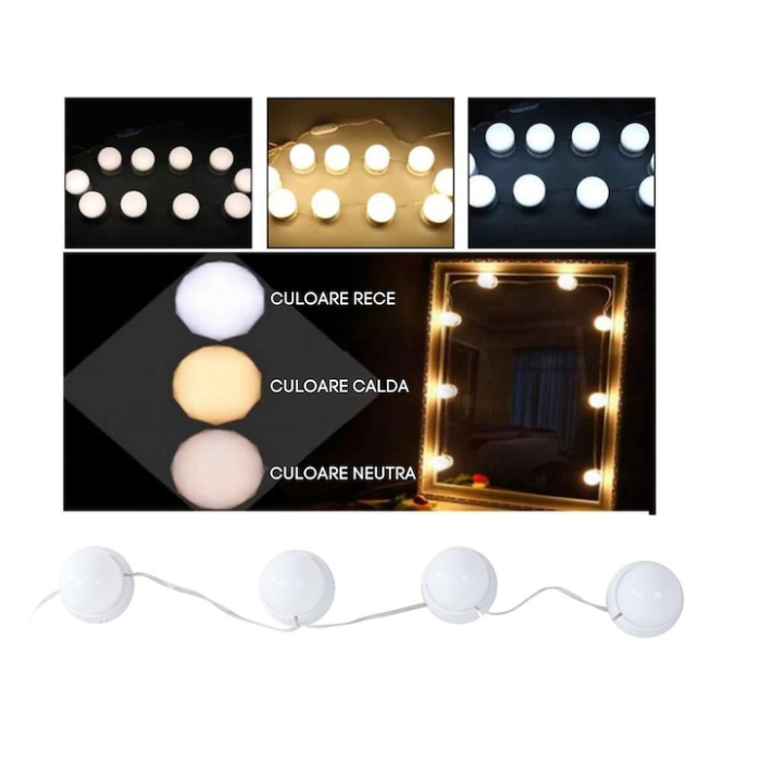 Set 10 becuri LED VarioShop®, pentru decor/oglinda make-up, reglaj intensitate 9 nivele, 3 culori, prindere adeziva, alimentare USB, Alb [2]