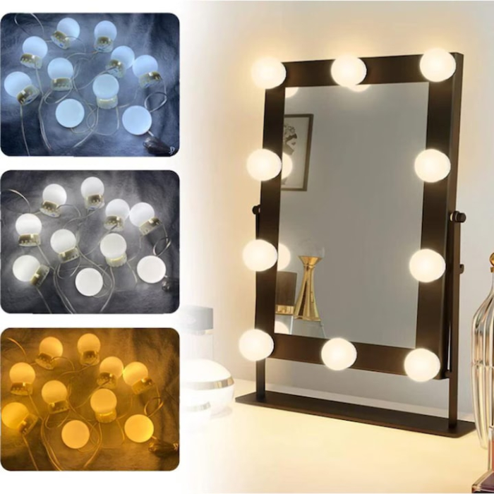 Set 10 becuri LED VarioShop®, pentru decor/oglinda make-up, reglaj intensitate 9 nivele, 3 culori, prindere adeziva, alimentare USB, Alb [3]