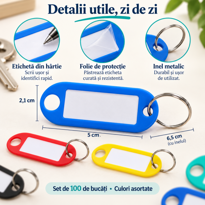Set 100 brelocuri pentru chei VarioShop®, pentru identificare si organizare, eticheta inscriptibila, inel metalic, PP, 6,5 x 2,1 cm, multicolor [5]