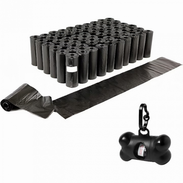 Set 1000 de pungi igienice VarioShop® pentru caini, pisici cu distributor in forma de os, 22 x 30 cm, negru [18]