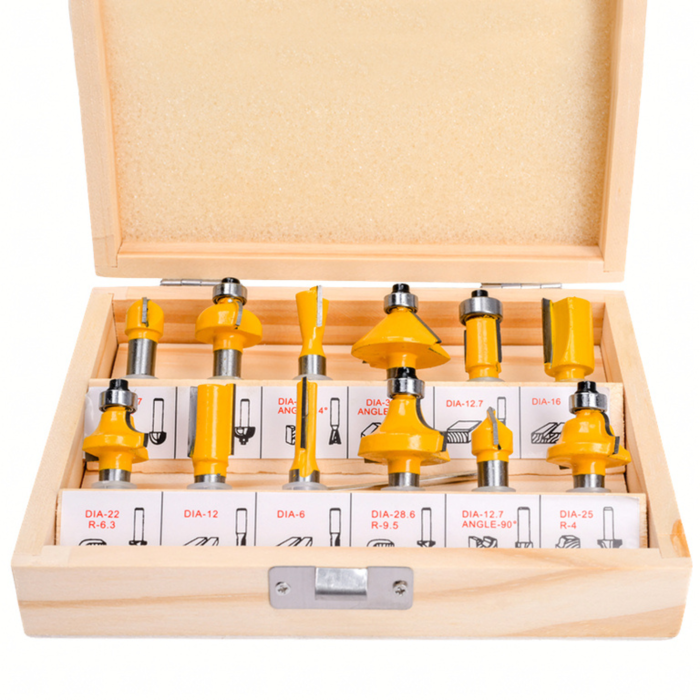 Set 12 piese freze lemn VarioShop®, 6,35 mm, cu lame din carbura, tija 1/4 inch, pentru profilare, caneluri si muchii decorative, organizator din lemn [8]