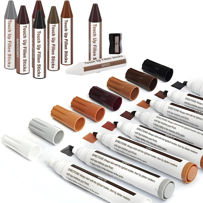 Set 12 culori reparare mobilier VarioShop®, cu markere de retus, ceruri, vopsele si pensule, pentru zgarieturi pe lemn, panouri si furnir [13]