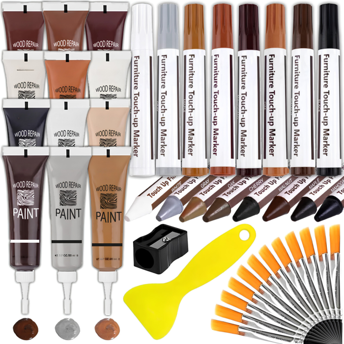 Set 12 culori reparare mobilier VarioShop®, cu markere de retus, ceruri, vopsele si pensule, pentru zgarieturi pe lemn, panouri si furnir [3]