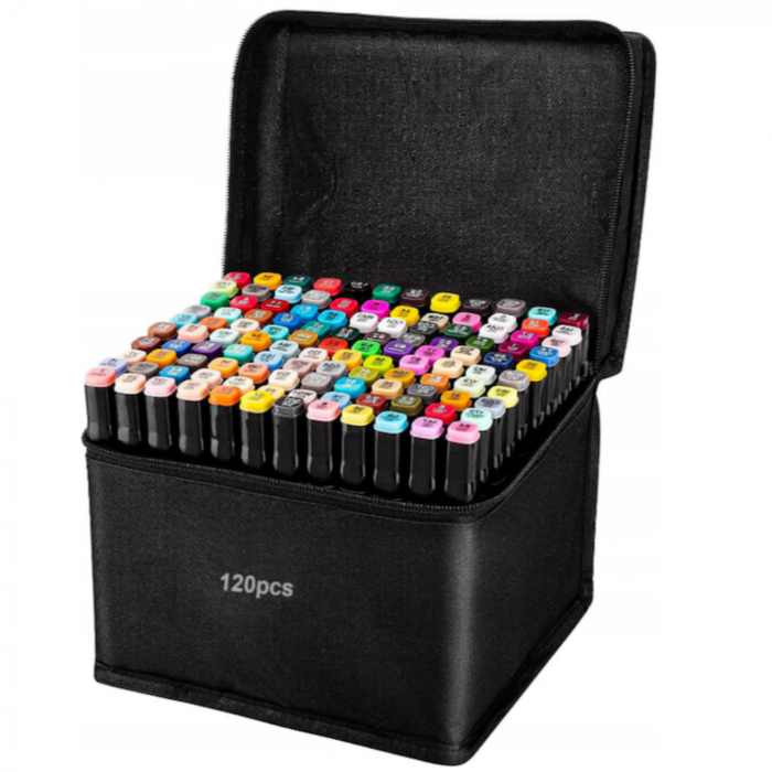 Set 120 markere duble VarioShop®, Carioci profesionale, Culori vii pe baza de alcool, 2 varfuri rezistente, 1 varf subtire rotund pentru contur si detalii, 1 varf lat pentru umplere si linii groase, g [1]