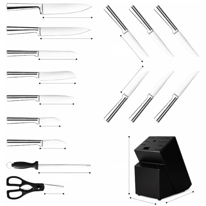 Set 16 cutite de bucatarie VarioShop®, bloc suport, otel inoxidabil, cutit de paine, cutite pentru carne si legume, foarfeca, ascutitor, maner ergonomic, rezistenta ridicata, argintiu [10]