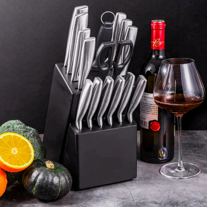 Set 16 cutite de bucatarie VarioShop®, bloc suport, otel inoxidabil, cutit de paine, cutite pentru carne si legume, foarfeca, ascutitor, maner ergonomic, rezistenta ridicata, argintiu [11]