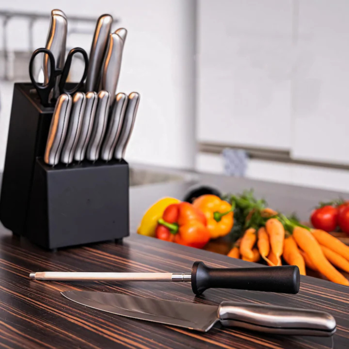 Set 16 cutite de bucatarie VarioShop®, bloc suport, otel inoxidabil, cutit de paine, cutite pentru carne si legume, foarfeca, ascutitor, maner ergonomic, rezistenta ridicata, argintiu [7]
