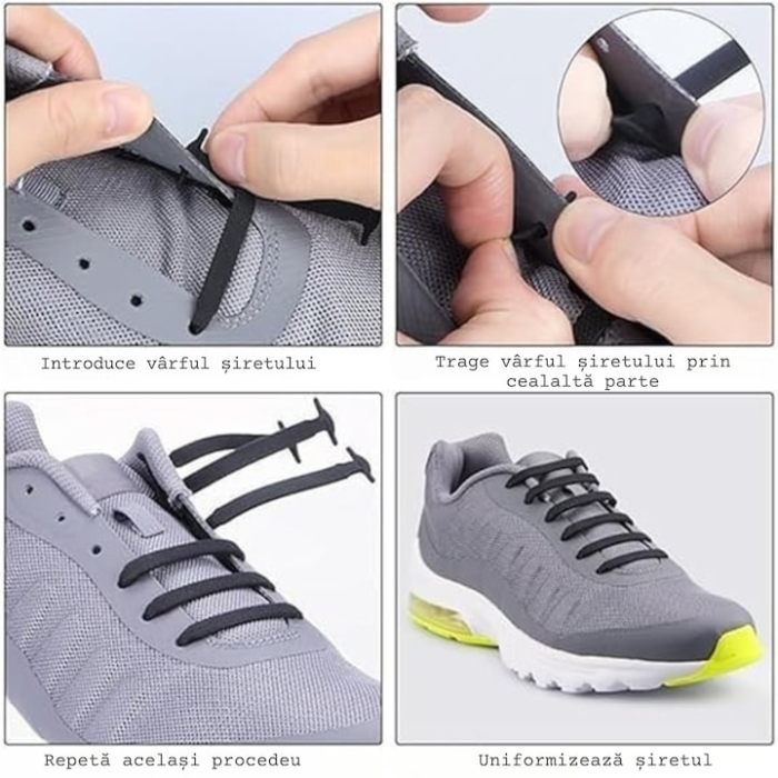Set 16 sireturi elastice din silicon VarioShop®, design cu gauri duble, pentru pantofi sportivi si casual, Negru [2]
