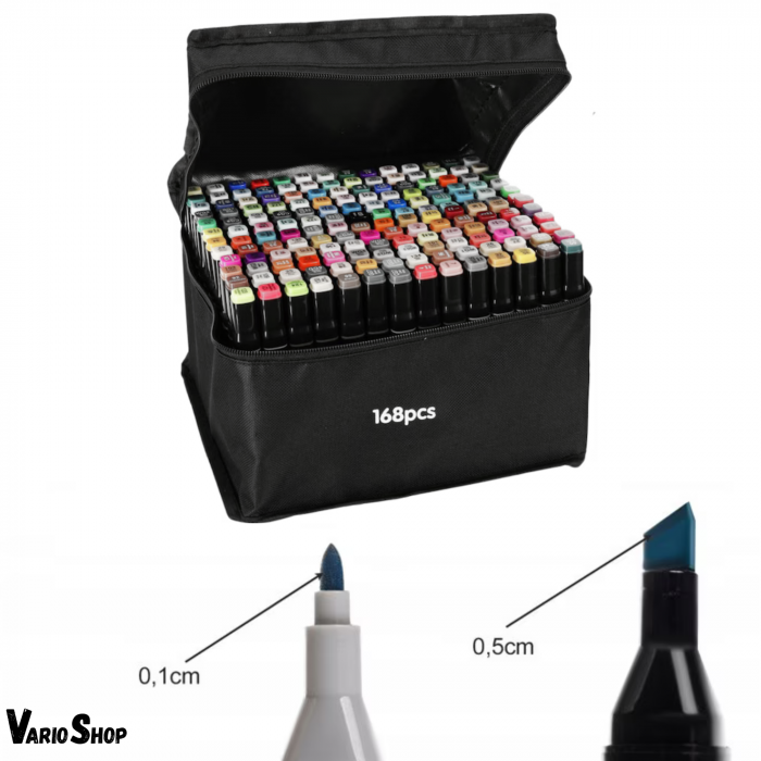 Set 168 markere duble VarioShop®, Carioci profesionale, Culori vii pe baza de alcool, 2 varfuri rezistente, 1 varf subtire rotund pentru contur si detalii, 1 varf lat pentru umplere si linii groase, g [25]