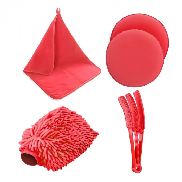 Set 18 Piese Detailing Auto VarioShop®, Curatare Interior Si Exterior, 4 Capete Pentru Bormasina, 5 Pensule, 3 Perii, 2 Lavete Profesionala, 1 Manusa, 1 Perie Tripla Grilaj, 2 bureti, Rosu-Negru [5]