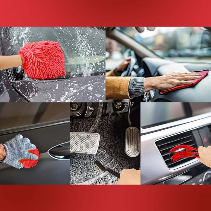 Set 18 Piese Detailing Auto VarioShop®, Curatare Interior Si Exterior, 4 Capete Pentru Bormasina, 5 Pensule, 3 Perii, 2 Lavete Profesionala, 1 Manusa, 1 Perie Tripla Grilaj, 2 bureti, Rosu-Negru [8]