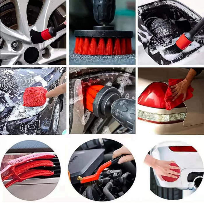 Set 18 Piese Detailing Auto VarioShop®, Curatare Interior Si Exterior, 4 Capete Pentru Bormasina, 5 Pensule, 3 Perii, 2 Lavete Profesionala, 1 Manusa, 1 Perie Tripla Grilaj, 2 bureti, Rosu-Negru [7]
