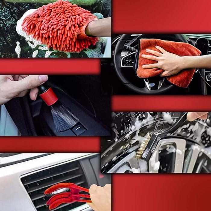 Set 18 Piese Detailing Auto VarioShop®, Curatare Interior Si Exterior, 4 Capete Pentru Bormasina, 5 Pensule, 3 Perii, 2 Lavete Profesionala, 1 Manusa, 1 Perie Tripla Grilaj, 2 bureti, Rosu-Negru [4]